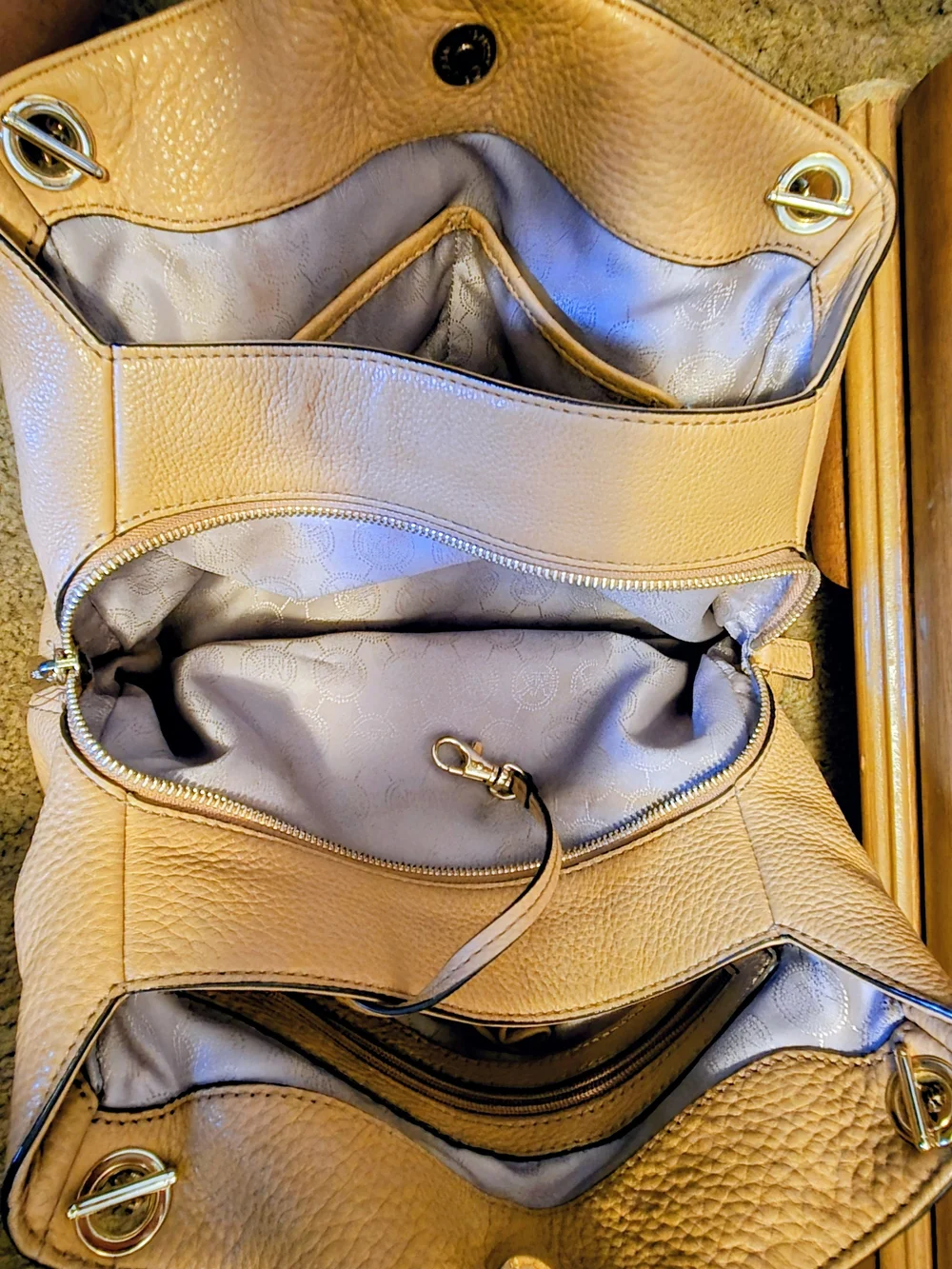 Michael Kors Beige-Tan Pebbled Leather Shoulder Bag with Gold Chain Straps
